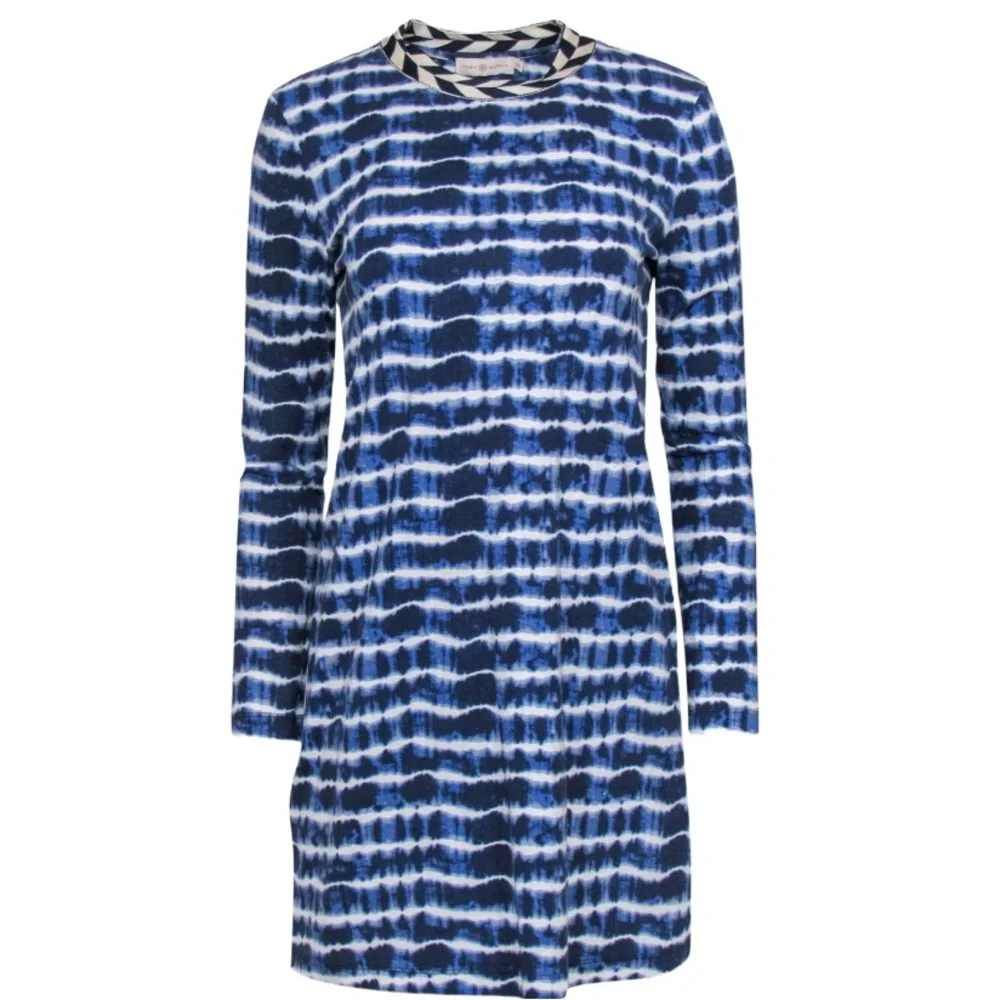 Tory Burch Hollie Tie Dye Women XSmall Navy Pullover Mini Stretch Geo Crew Dress